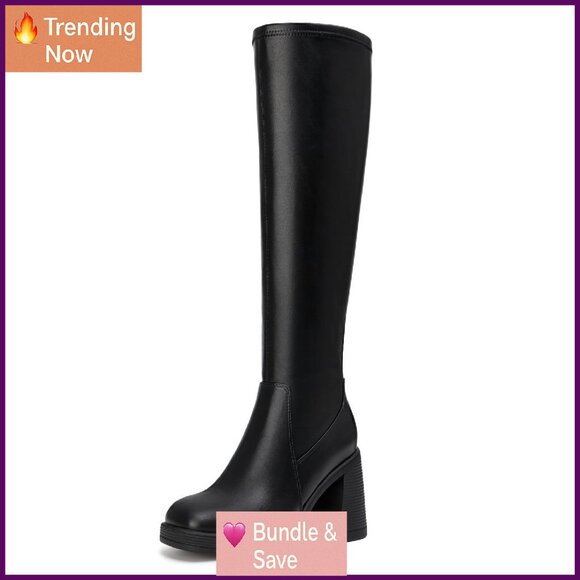 Knee High Boots Square Toe Platform Chunky Heel Stretchy Tall Boots Side Zipper